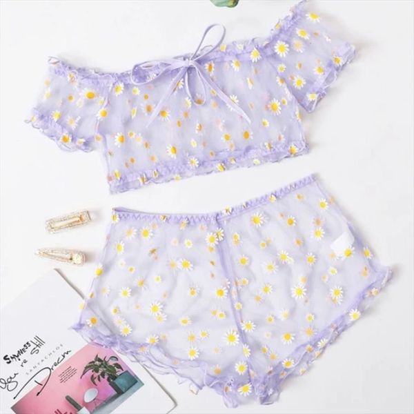 

2pcs lingerie suit see womens sleepwears through sheer daisy floral print off shoulder crop high waist thong panty, Black;red