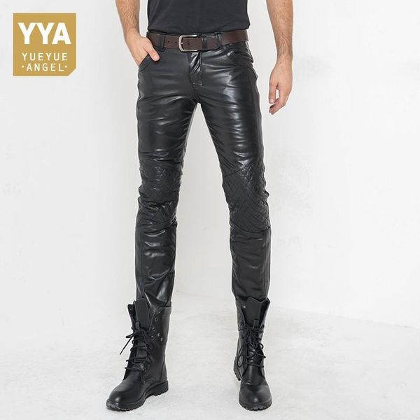 

men's pants winter mens fleece lining trousers straight mid waist heavyweight zipper real leather full length pencil casual biker man, Black