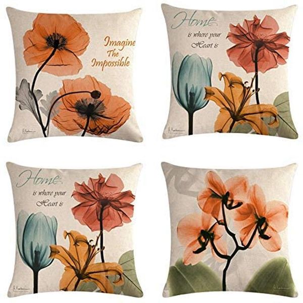 

pillow case watercolor orange flower linen decorative cushion for home bedroom indoor outdoor 45x45cm