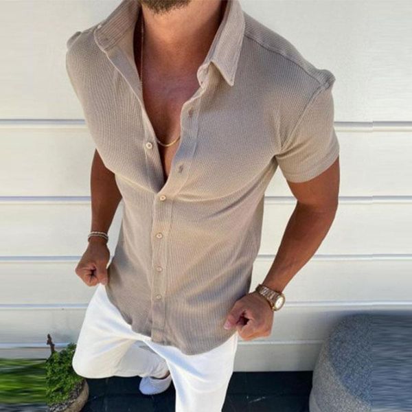 

men's casual shirts summer single-breasted autumn men solid ribbed shirt fashion turn-down short sleeve cardigan, White;black