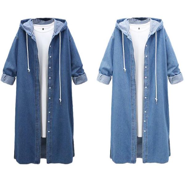 

women's trench coats plus size loose denim coat ladies autumn fall fashion long hooded windbreaker outerwear outcoat female jeans, Tan;black