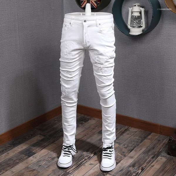 

men's jeans korean style fashion men white color elastic slim fit ripped denim pencil pants streetwear hip hop trousers1, Blue