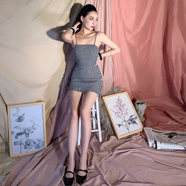 

2021 plaid black vintage sash up the knee dress empire s3os, Black;gray