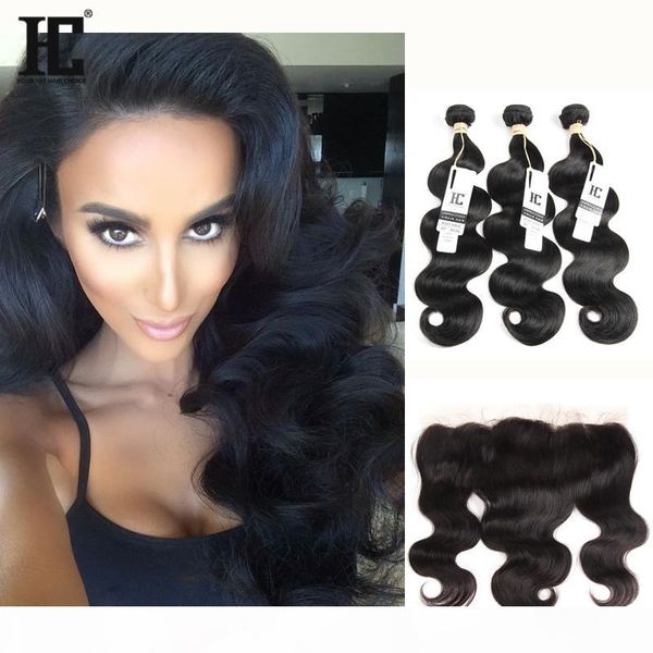

brazilian virgin human hair body wave with lace frontal closure 3 bundles with 13x4 ear to ear lace frontal closure hc weaves closure, Black;brown