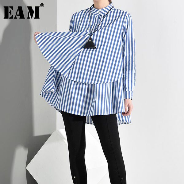 

women's blouses & shirts [eam] women blue striped big size blouse stand collar long sleeve loose fit shirt fashion tide spring autumn 2, White