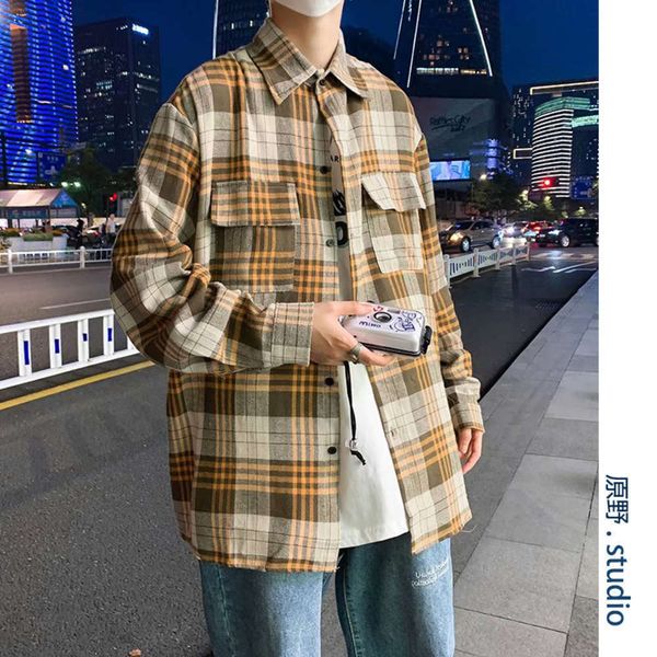 

plaid men's trendy korean academic style versatile loose long sleeve shirt coat spring and autumn, White;black