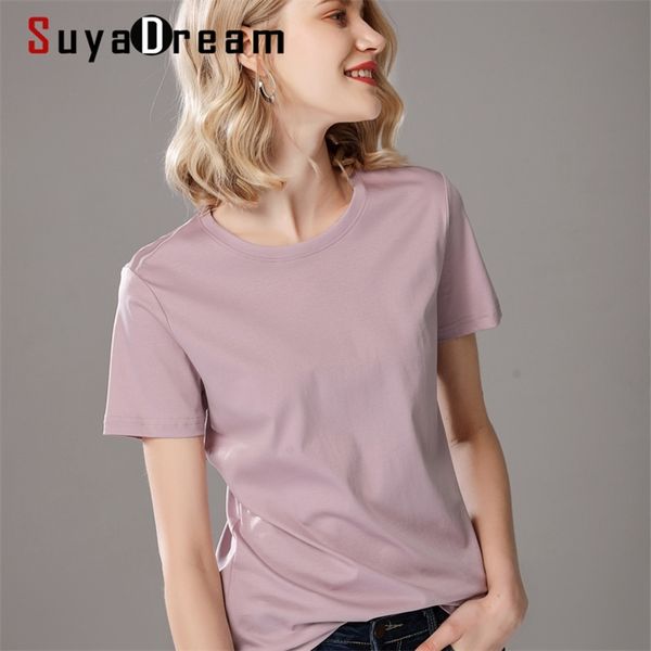 SuyaDream T-shirt tinta unita da donna Mix di cotone e seta Tinta unita O collo Camicie a maniche corte Summer Candy Colors Top di base 210722