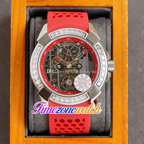 

rrf epic-x ex100.43.ld.op.ald4at automatic tourbillon mens watch 44mm steel case baguette square cut diamonds bezel skeleton dial red rubber, Slivery;brown
