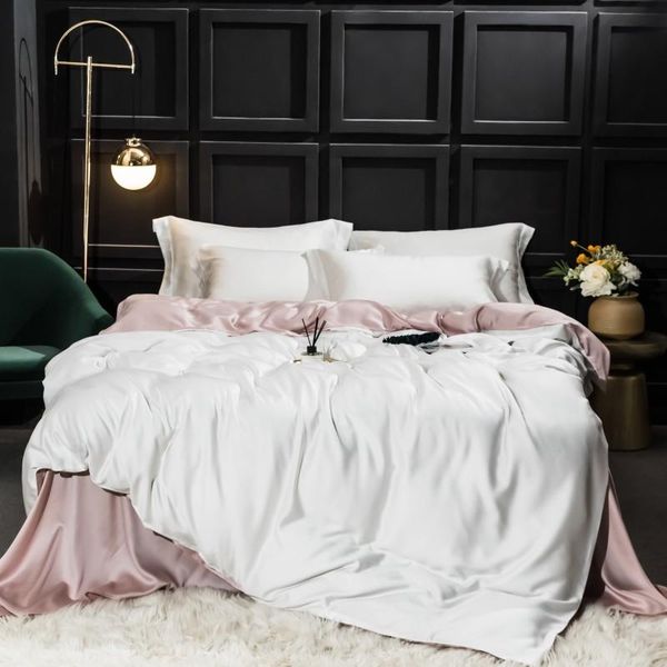 

2colors white grey tencel silk blue duvet cover bedding set for summer bed sheet pillow sham sateen weave silky soft breathable