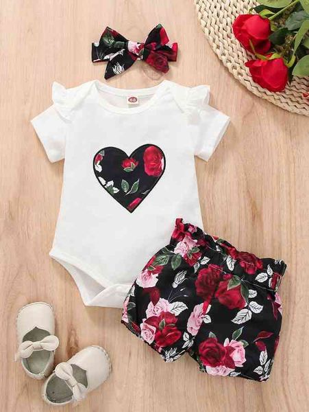 

baby floral print heart embroidery bodysuit & shorts with headband she, White