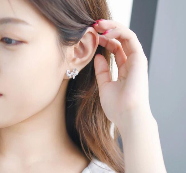 

sterling silver lovely bow designer stud earrings shining crystal luxury cz diamond stone cute earrings jewelry, Golden;silver