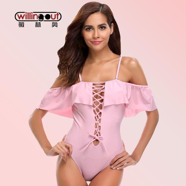 

women's swimwear ruffle 1-piece bathing suit off shoulder swim bandage hollow bikini set solid flouncing swimming wear backless biquini, White;black