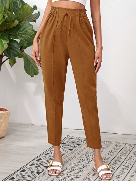 

paperbag waist knot detail seam front pants 12gl#, Black;white