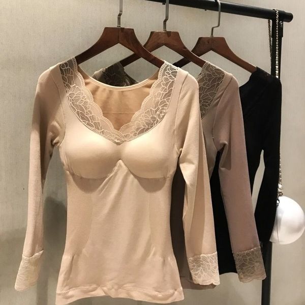 

new women 2021 autumn winter warm plus veet clothing female lace v-neck slim body thermal underwear a3732cw2, Black;pink