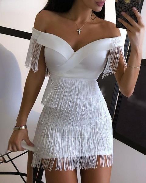 

party dresses women's 2021 arrival white fringed star evening catwalk dress feminine short-sleeved club, White;black