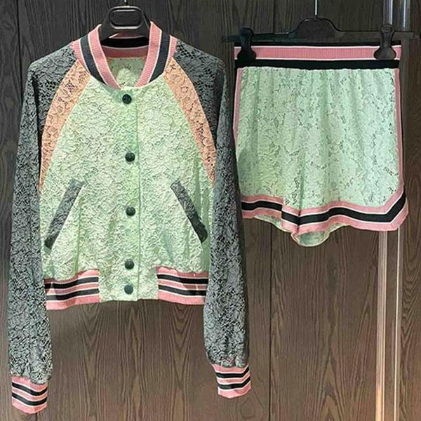 

women's tracksuits 2021 autumn women lace sets long sleeve round neck single breasted jacket elastic waist color matching shorts casual, Gray
