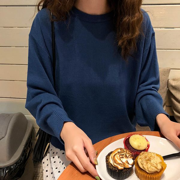 

new 7 candy colors korean solid color knitted sweaters women basic long sleeve loose sweater and pullovers 2021 (x960) mytx, White;black