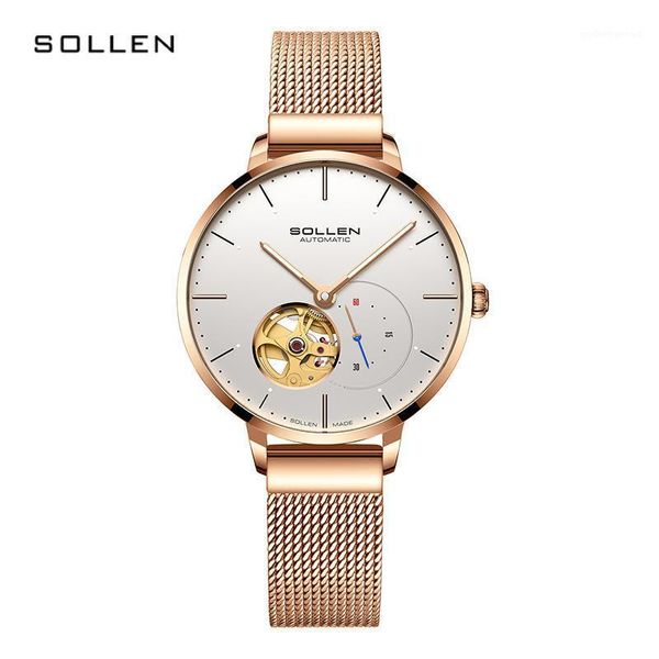 

wristwatches sollen women watches mechanical watch luxury bracelet wrist wristwatch elegant ladies automatic clock relogio feminino, Slivery;brown