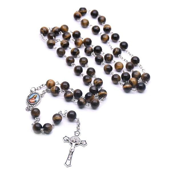 

chains qx2f rosary prayer bead tiger eye stone necklace cross christian lucky amulet jewelry, Silver
