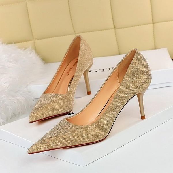 

dress shoes spring 2021 fashion banquet fine heels high shallow mouth pointed shiny sequin cloth large women's women pumps, Black