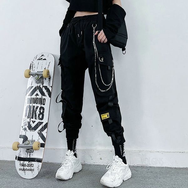 

men's pants harajuku black cargo women chain wide leg hiphop streetwear loose female baggy oversize korean style trousers 6cbo
