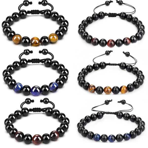 

6pcs classic blue tiger eye natural stone strands bracelets adjustable size 8mm 10mm braided onyx beaded bracelet men women couple jewelry g, Black