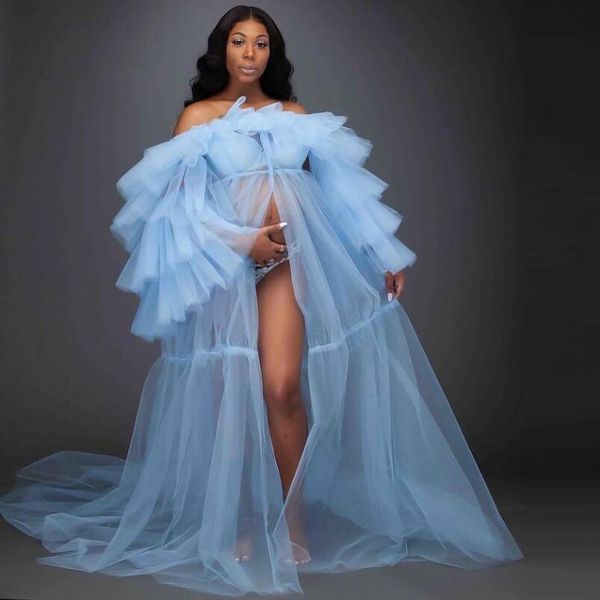 Céu chique azul ver através de mulheres maternidade vestido drapeado tulle bebê-chuveiro longo manto para fotografia vestido de mulher x0521