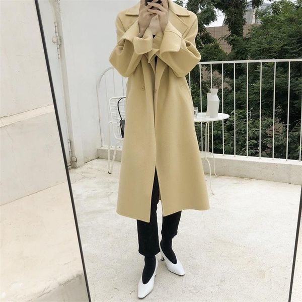 

women's wool & blends korean double-sided cashmere coat medium long fashionable tweed in autumn and winter 2021, Black