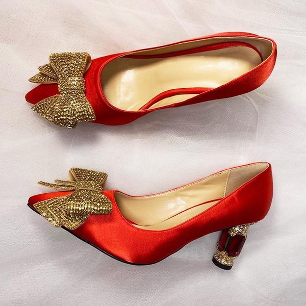 

dress shoes bow-knot rhinestone chunky high heel women red gold pointed toe crystal decor pumps silk satin party bride 2021, Black