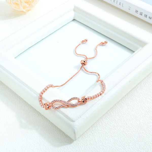 

new popular 18k copper plated infinity bracelet, fashionable figure-8 diamond inlaid ornament, adjustable, Golden;silver