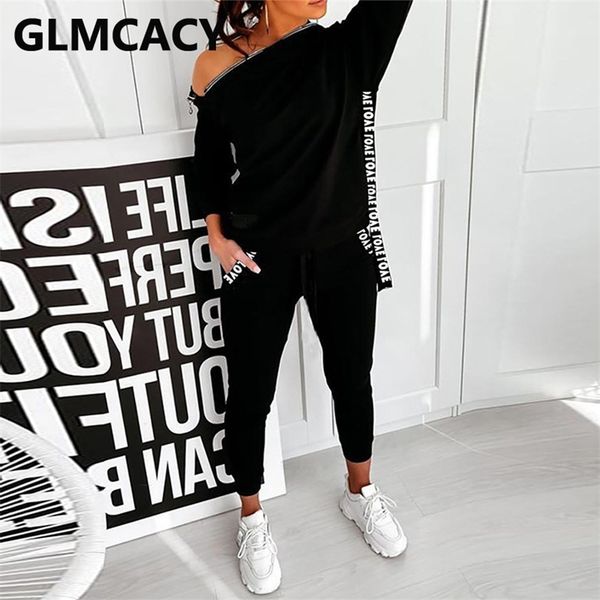

women two piece solid tracksuit chic streetwear long sleeve zipper skew neck sweatshirt and casual pants set 210819, White