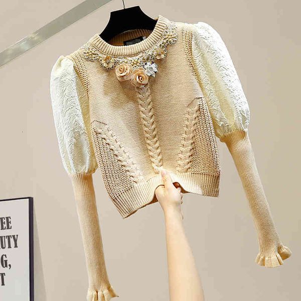 

women's sweaters short floral sweater with sequins and diamonds, vintage female knitted puffing sleeves, fashionable, , ortx, White;black