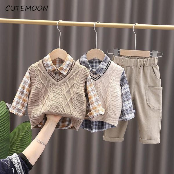 

clothing sets children cotton toddler plaid lapel shirt+vest +pants for boys clothes outfit spring autumn baby kids, White