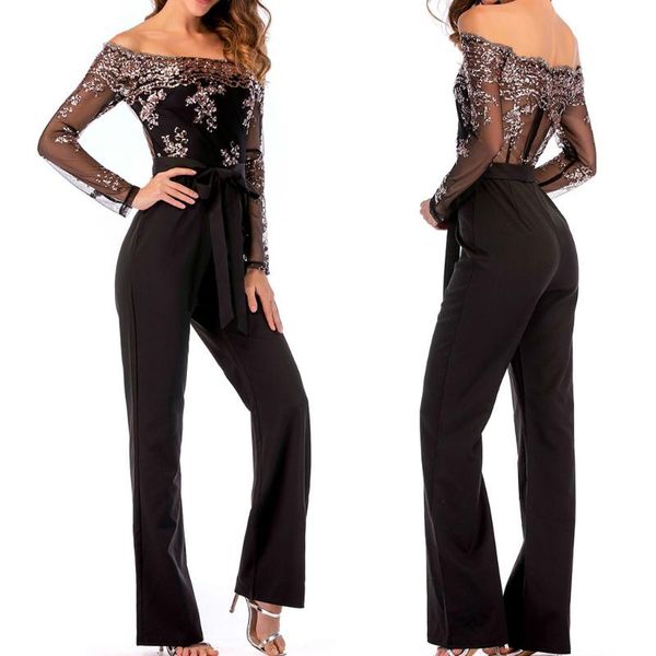 

women's jumpsuits & rompers women off shoulder lace long sleeve playsuit fashion elegant sequin mesh splice jumpsuit wide leg pant #122, Black;white