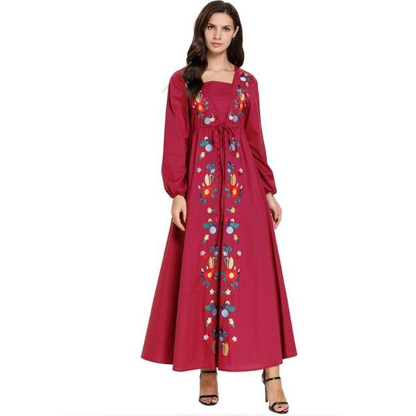 

casual dresses arabian large size women dress rose red embroidered long sleeves muslim elegant robes ta9003, Black;gray