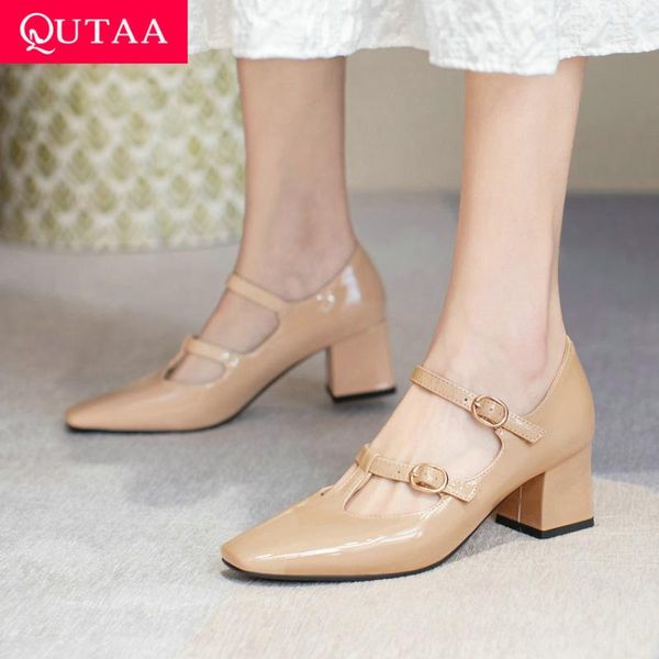 

dress shoes qutaa 2021 microfiber buckle square high heels spring autumn mary janes basic women toe female pumps size 34-40, Black