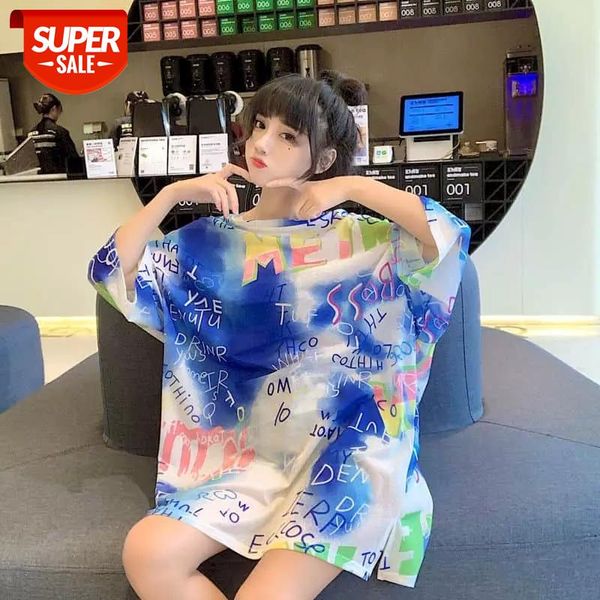 

Summer Tshirt Women T Shirt Clothing Tie-dye Female Short-sleeved Female Students Korean Loose Harajuku Half-sleeved Top Clothes #EP3y, White