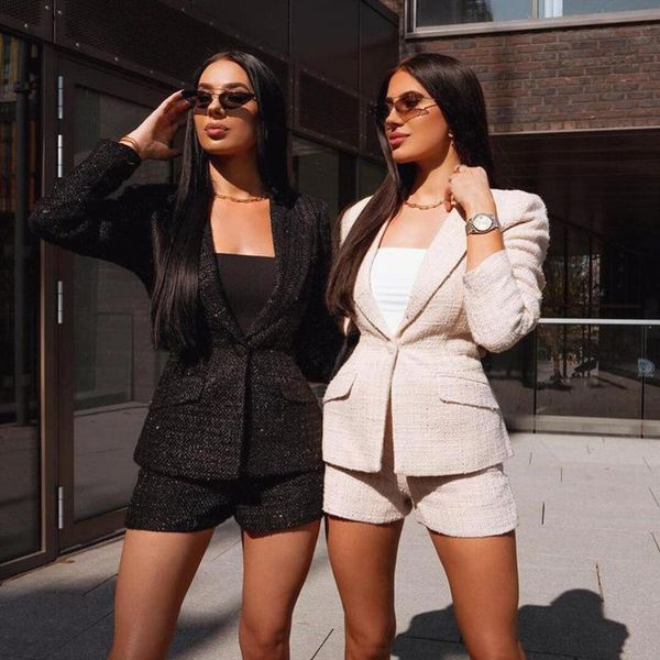 

women's tracksuits fashion lady office two piece sets long sleeve blazer+stretchy high waist shorts party matching set outfits 20, Gray