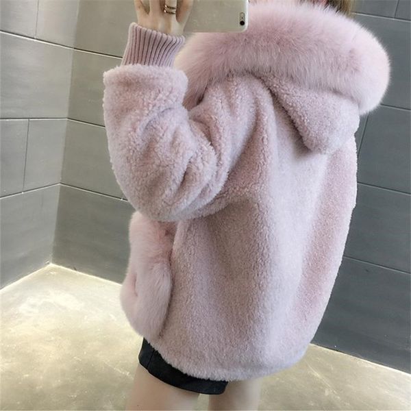 

winter faux fox collar hooded sheep shearing outwear short women loose thick warm fake fur jacket coat female kcz2, Black