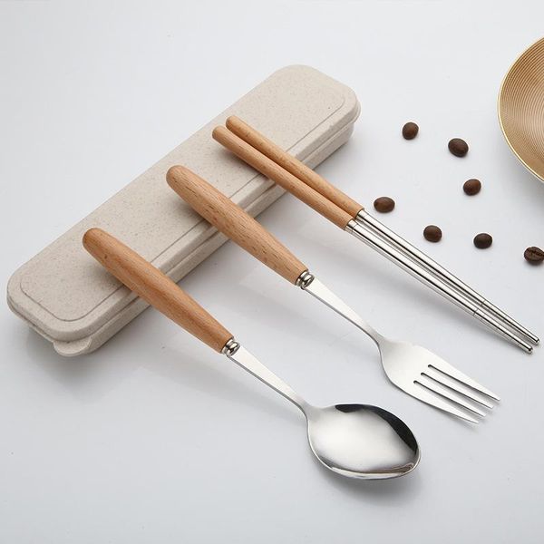 

3pcs cutlery set wooden handle scoop chopstick fork suit tablewar outdoor portable tableware new year gift dinnerware kit