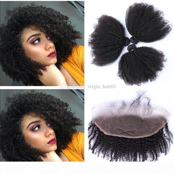 

afro kinky human hair bundles with lace frontal 8a malaysian virgin human hair 3 bundles with afro kinky curly lace frontal 4pcs lot, Black;brown