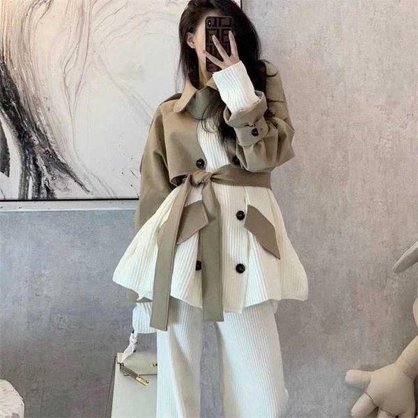 

[ewq] double breasted elegant office lady loose jacket coat autumn knitting patchwork jacket coat women overcoat khaki 211109, Black;brown