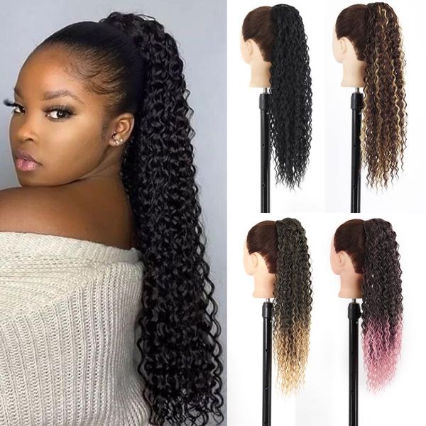

synthetic wigs xinran 26inch long water wave drawstring ponytail clip-in pony hair piece black brown ombre color