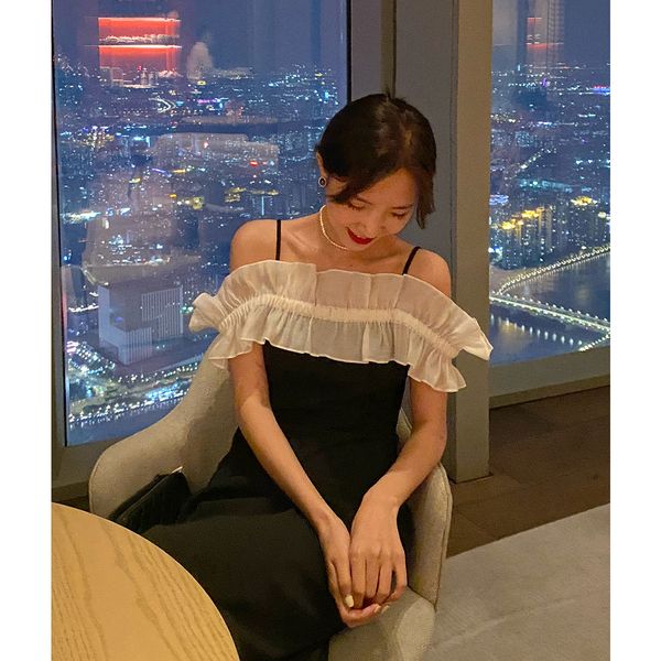 

casual drs open french mh stitching suspender drs, Black;gray