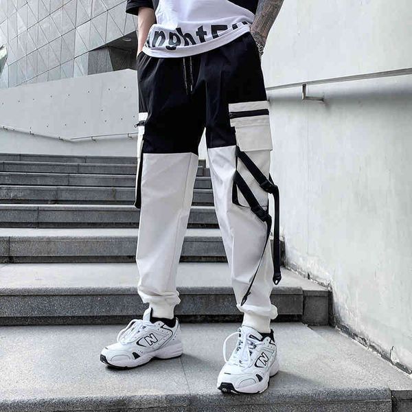 

men's pants hip hop ribbons cargo men joggers mens streetwear military fashion male elastic waist pant trousers q2we, Black