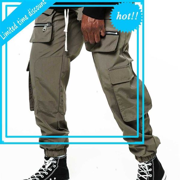 

men hip streetwear cargo pockets joggers track trousers elastic waist pants, Black