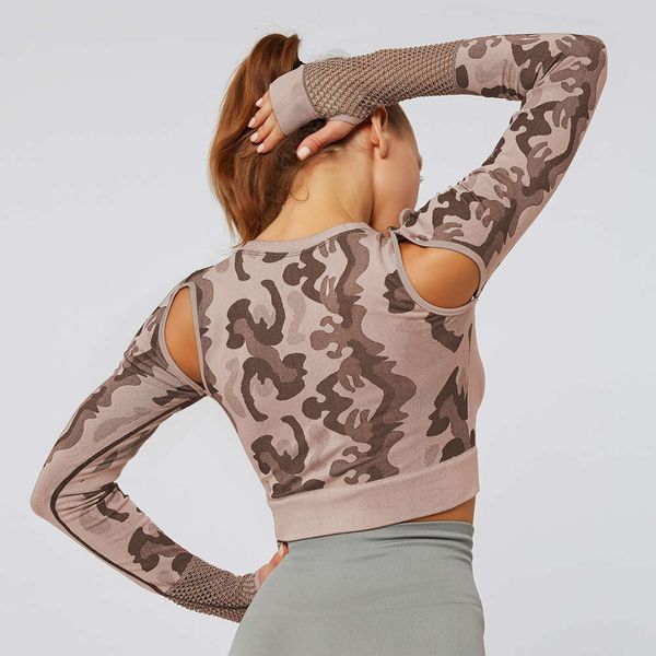 

clothes tight long sleeve fitness camouflage women's yoga seamless top, Gray