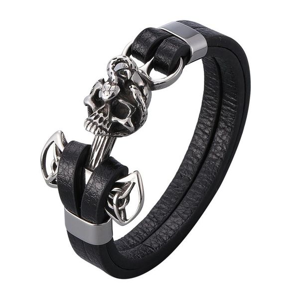 

charm bracelets punk rock jewelry men's leather black rope chain skull snake stainless steel buckle male wristband accessories pd1019, Golden;silver