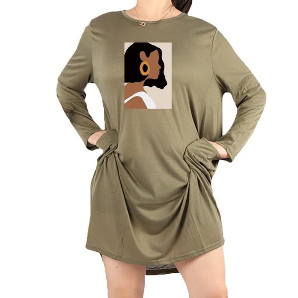 

dress women plus size 5xl midi femme robe vestidos art beauty print long sleeve round neck pockets casual vintage party dresses, Black;gray