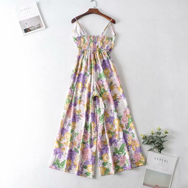 

2021 ruffles v neck flower print wide leg jumpsuit women lace up waist spaghetti strap rompers back elastic long pants overalls, Red
